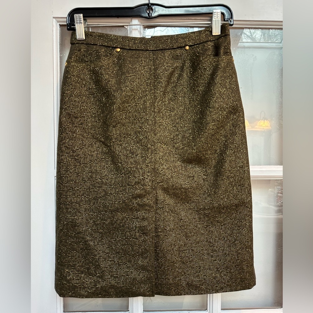 Vintage BCBGMAXAZRIA Y2K 90’s Classic Metallic Golden Olive Green Skirt Size 0